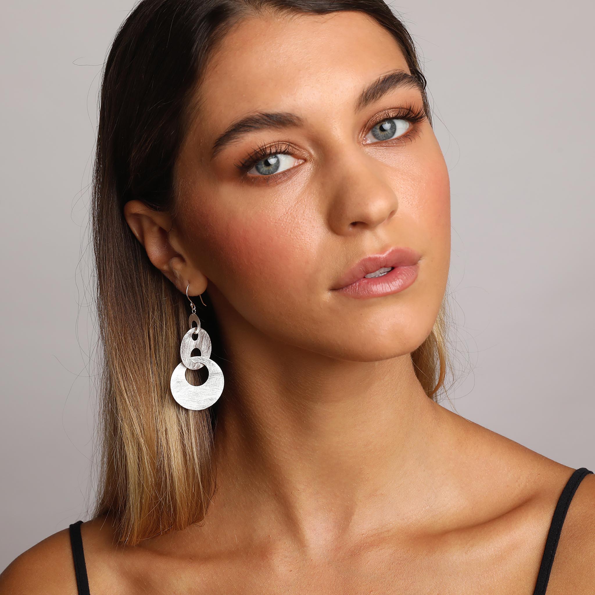 Silver Linked Triple Hoop Dangle Earrings