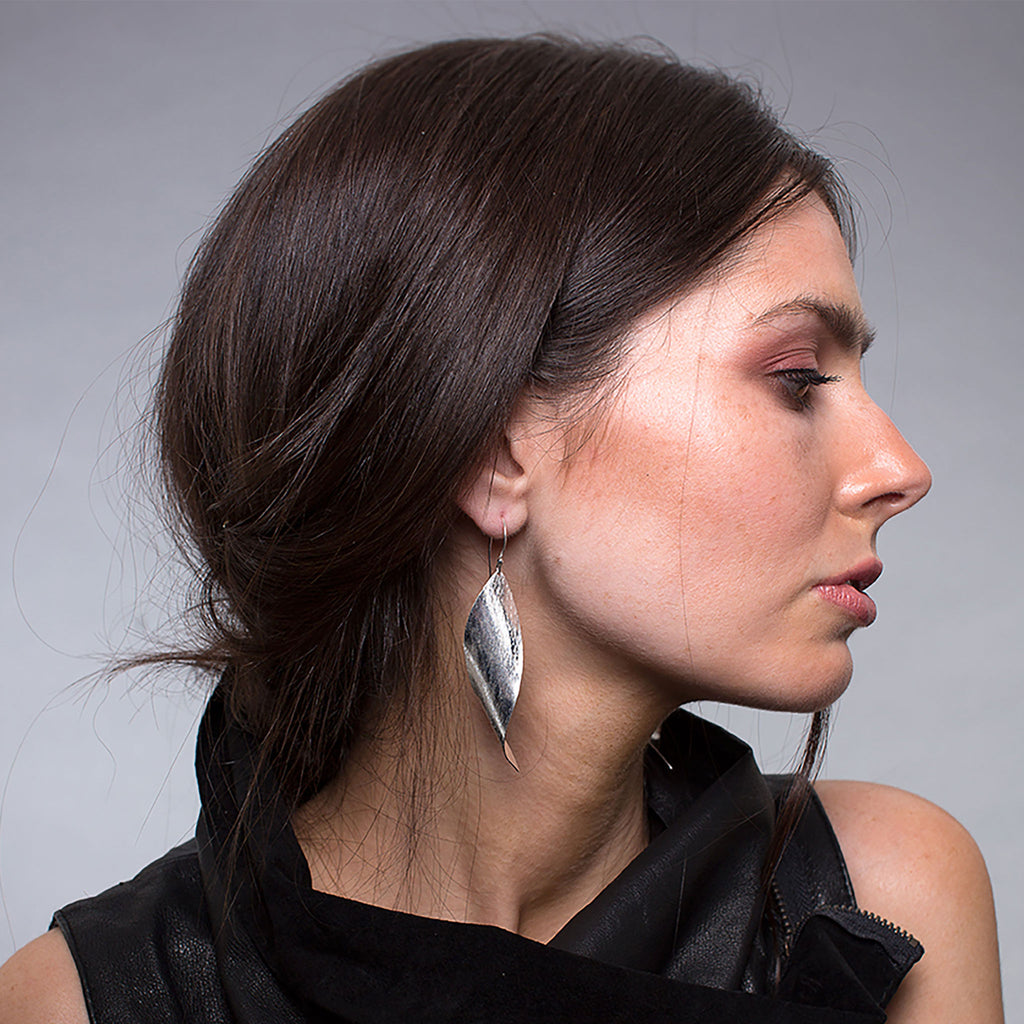 Silver Long Curved Leaf Earrings