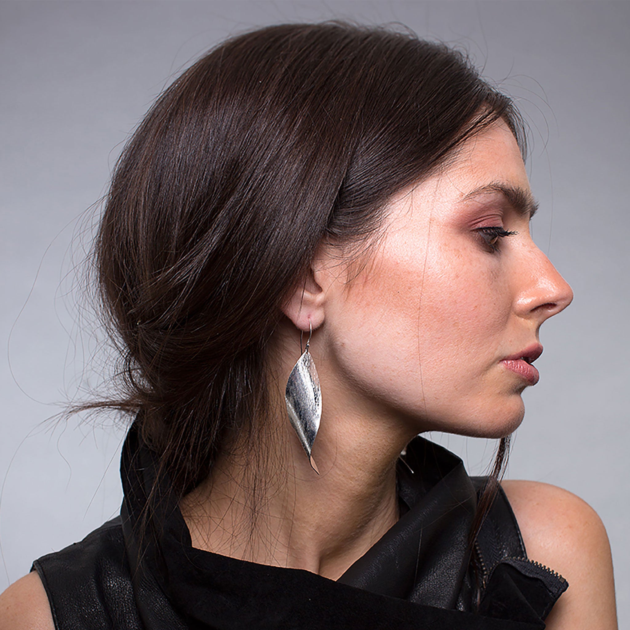 Silver Long Curved Leaf Earrings