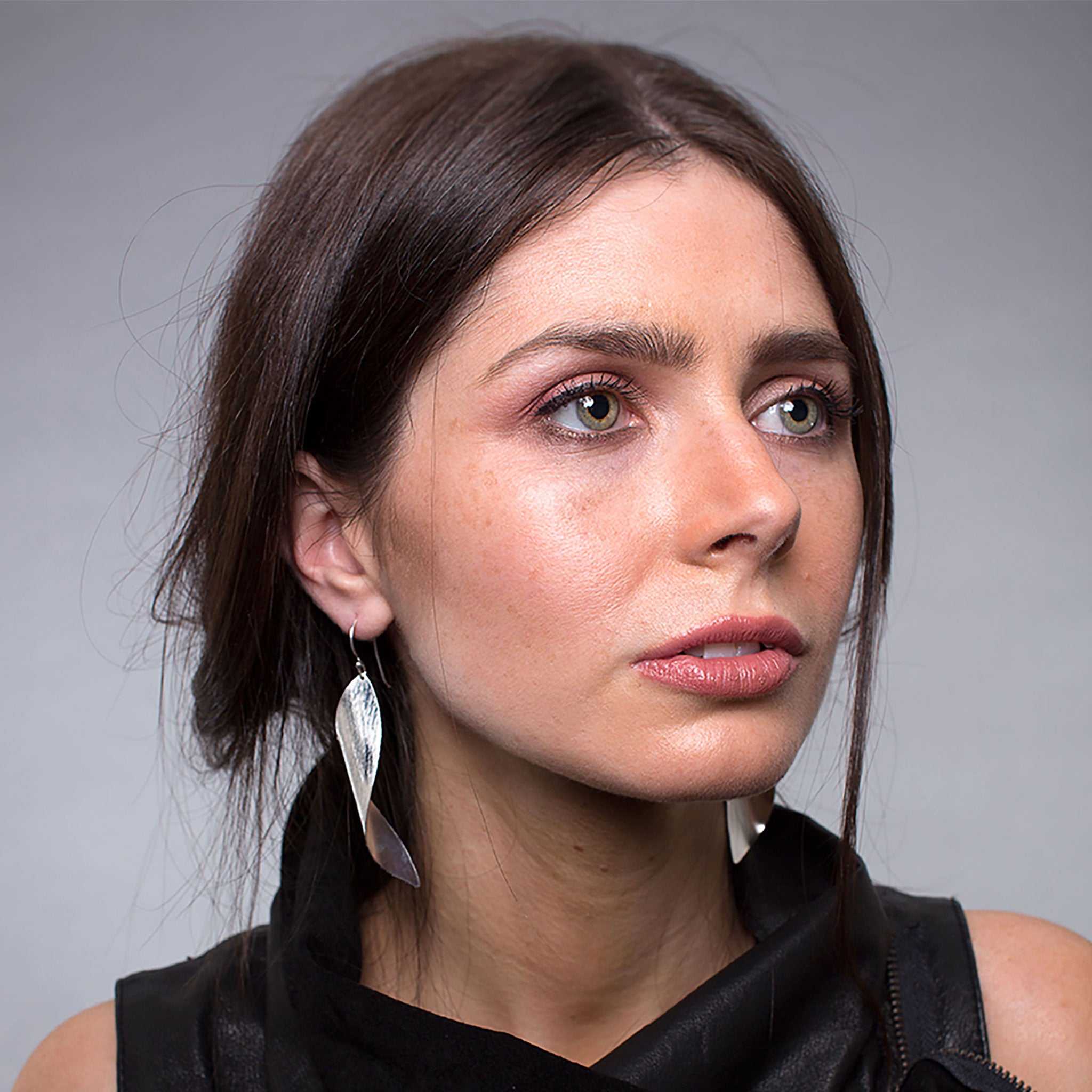 Silver Long Curved Leaf Earrings