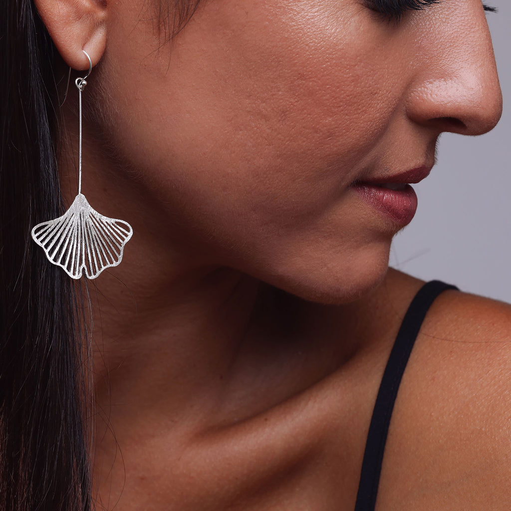 Silver Long Ginkgo Earrings