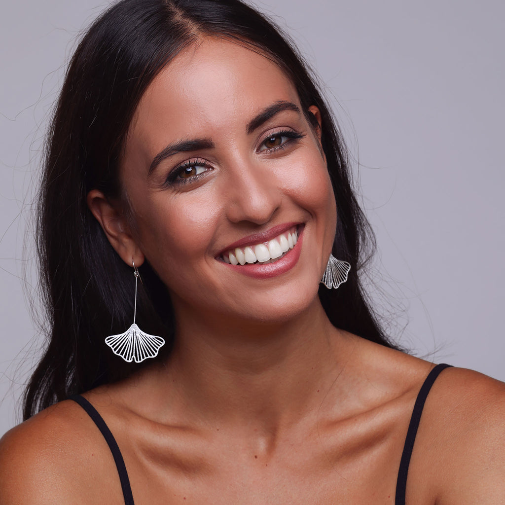 Silver Long Ginkgo Earrings