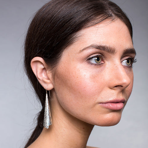 Silver Long Hammered Cone Earrings