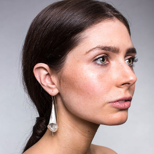 Silver Long Trumpet Flower Earrings