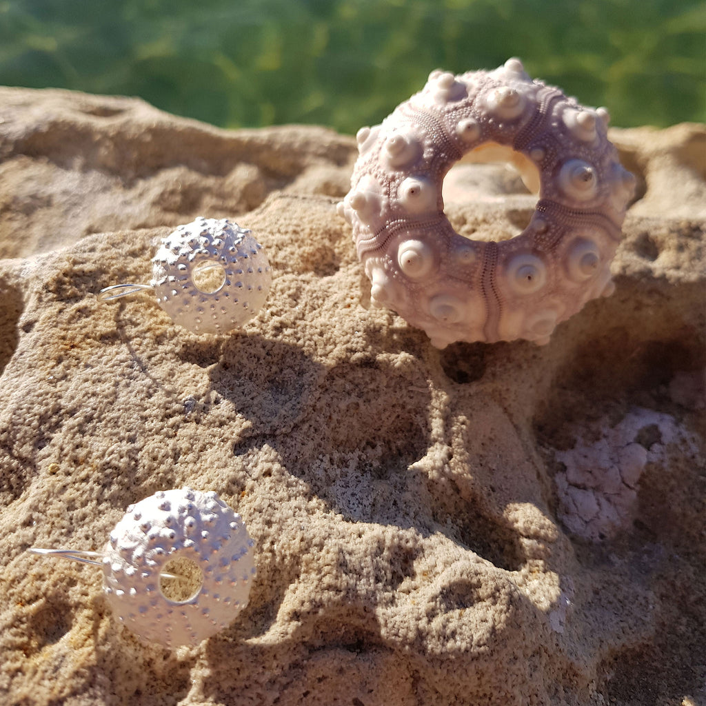 Silver Sea Urchin Shell Earrings