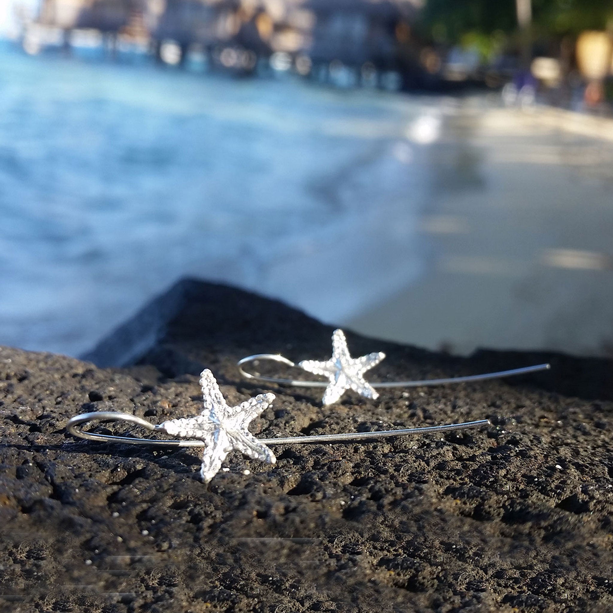 Silver Small Starfish with a Long Back Earrings