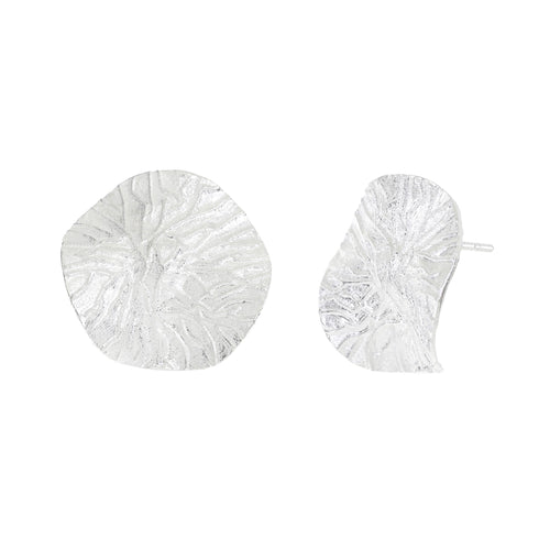 Silver Textured Wavy Leaf Stud Earrings
