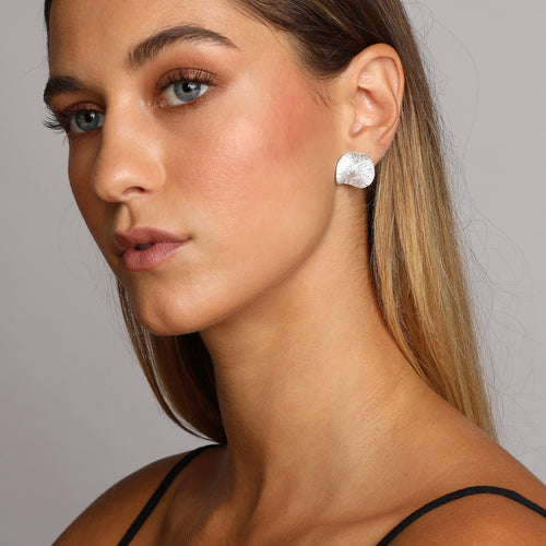 Silver Textured Wavy Leaf Stud Earrings