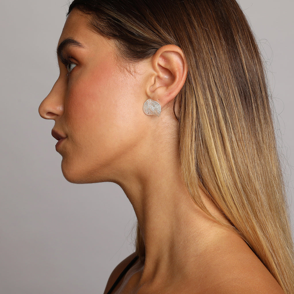 Silver Textured Wavy Leaf Stud Earrings