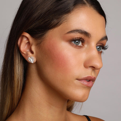 Silver Tropical Palm Leaf Stud Earrings