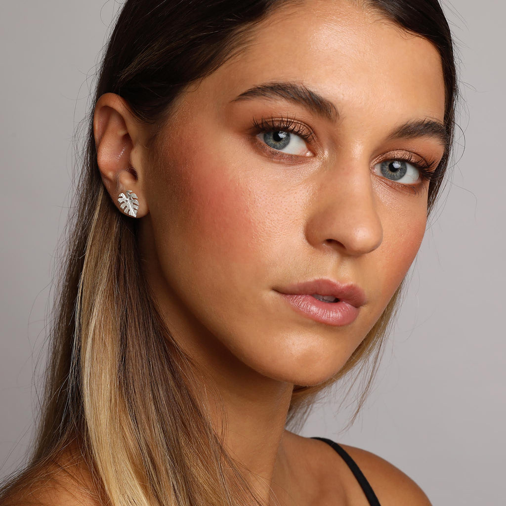 Silver Tropical Palm Leaf Stud Earrings