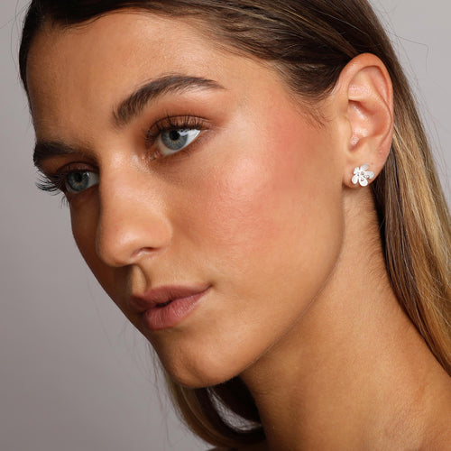 Silver Vinca Flower Stud Earrings