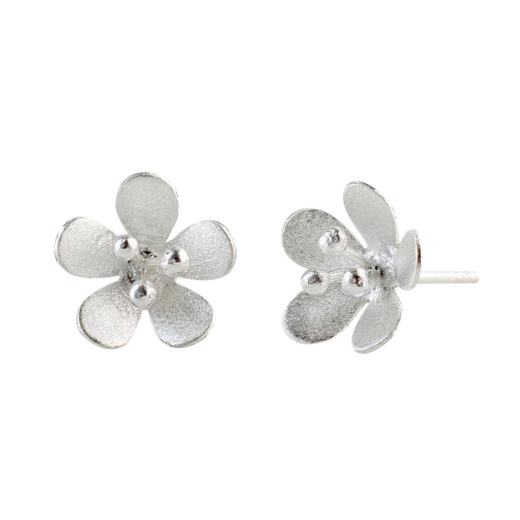 Silver Vinca Flower Stud Earrings