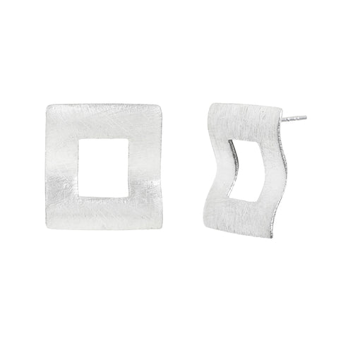 Silver Wavy Square Stud Earrings