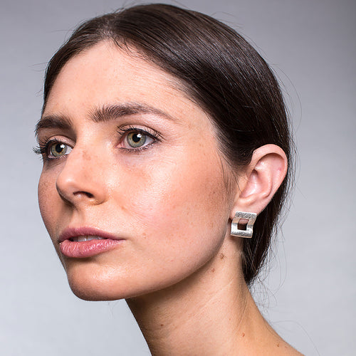 Silver Wavy Square Stud Earrings