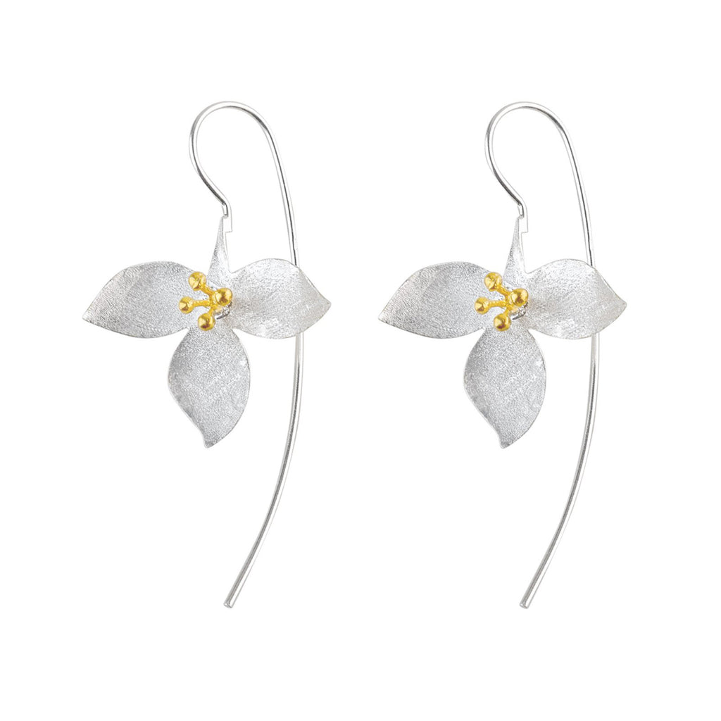 Silver and Yellow-Gold Three Petals Flower Earrings