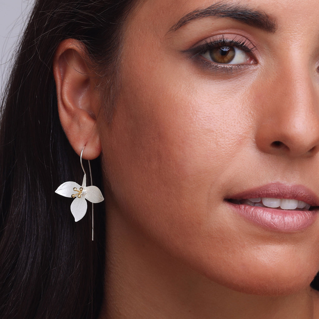 Silver and Yellow-Gold Three Petals Flower Earrings