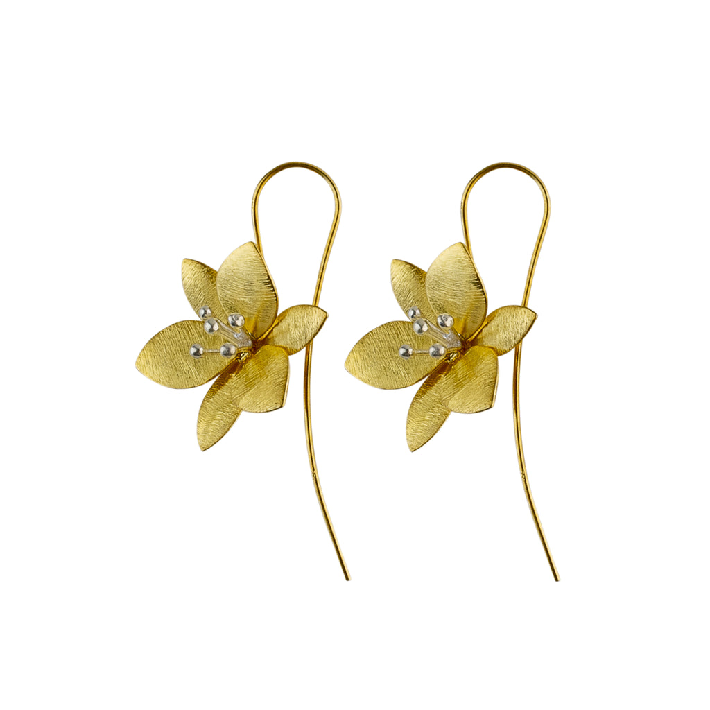 Yellow-Gold and Silver Grass Lily Flower Earrings