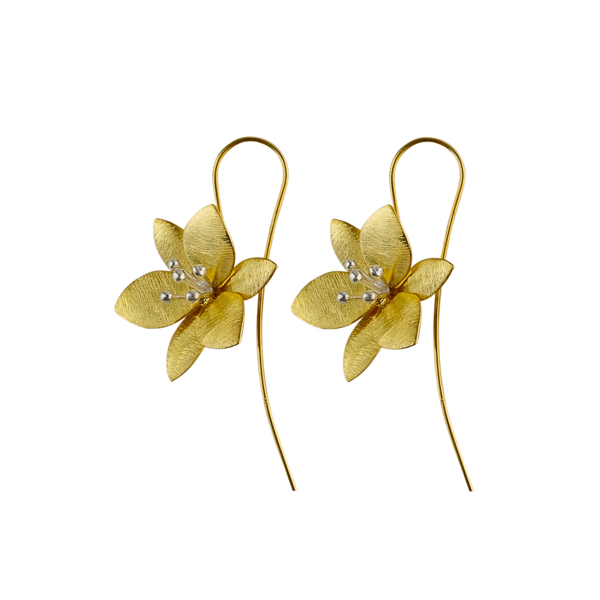 Yellow-Gold and Silver Grass Lily Flower Earrings